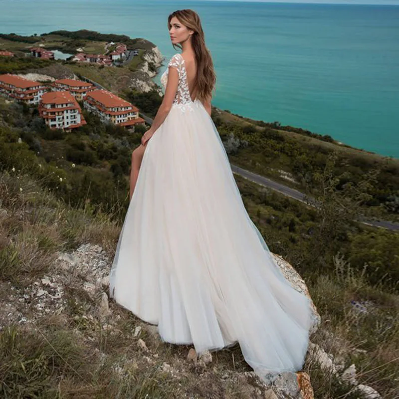 Пляжное свадебное платье 2019 рукав крылышко с высоким разрезом без спинки бохо невесты бесплатная доставка