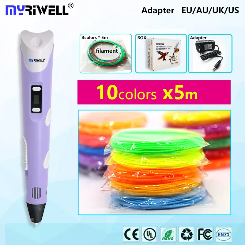 Myriwell 3d Ручка 2,0 с светодиодный дисплей 1,75 мм abs нить pla 3d ручка 3 d ручка 3d Ручка умный ребенок подарок на день рождения игрушки 3d пластик - Цвет: purpleand ABS50m