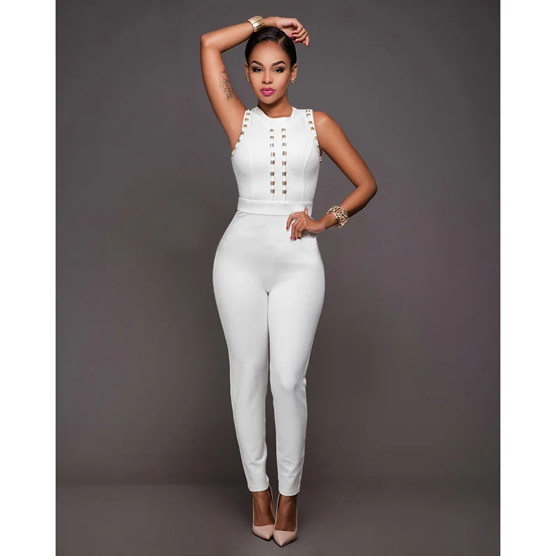 Цельный лето осень сексуальный комбинезон заклепки Bodycon круглым вырезом Кружево