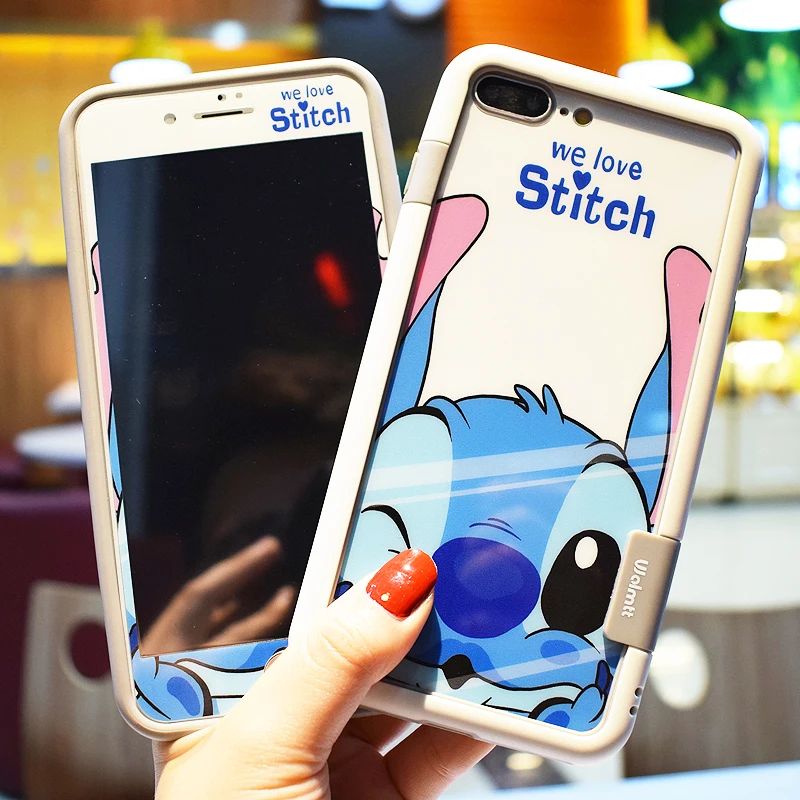 For iphone 8 8plus Cute stitch glass flim + soft bumper for iPhone X 7 7plus 6 6S 6sPlus Cartoon F&ampB |