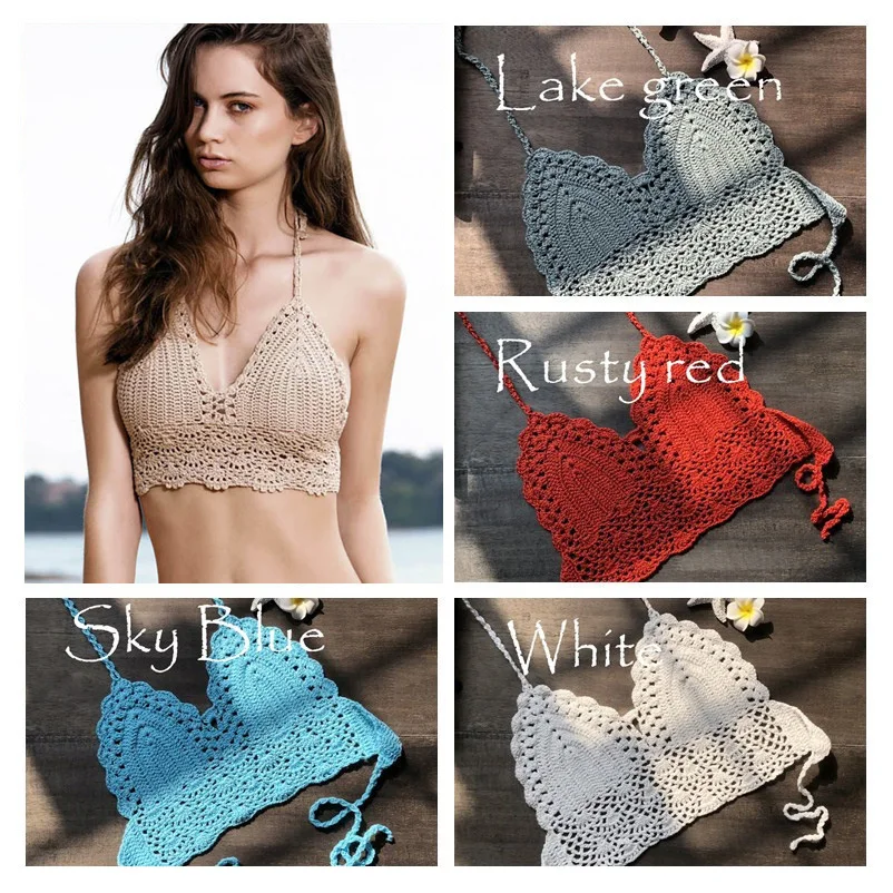 Msormosia ручной работы крючком Для женщин бикини Boho пляж Bralette Твердые Холтер вязаный