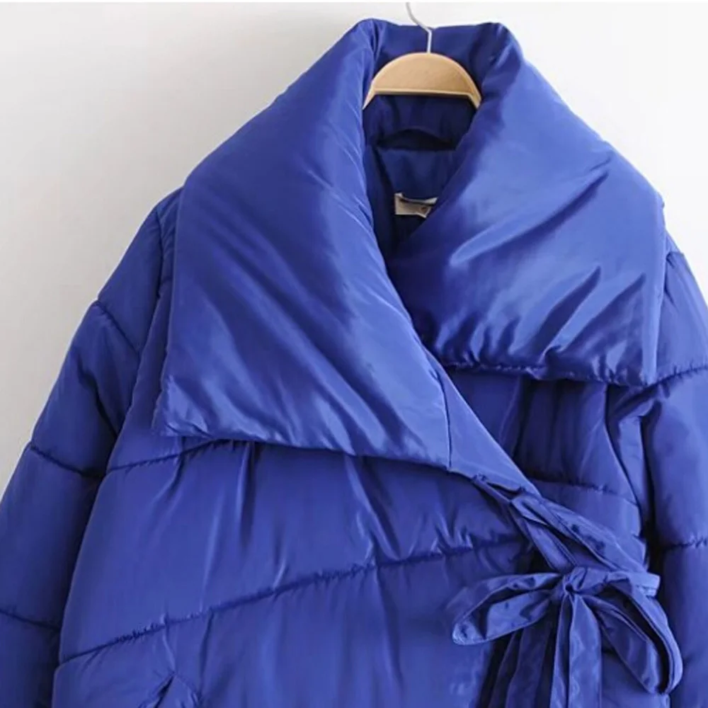 Синяя Женская зимняя куртка женские теплые толстые парки короткие Jaqueta Tie Up