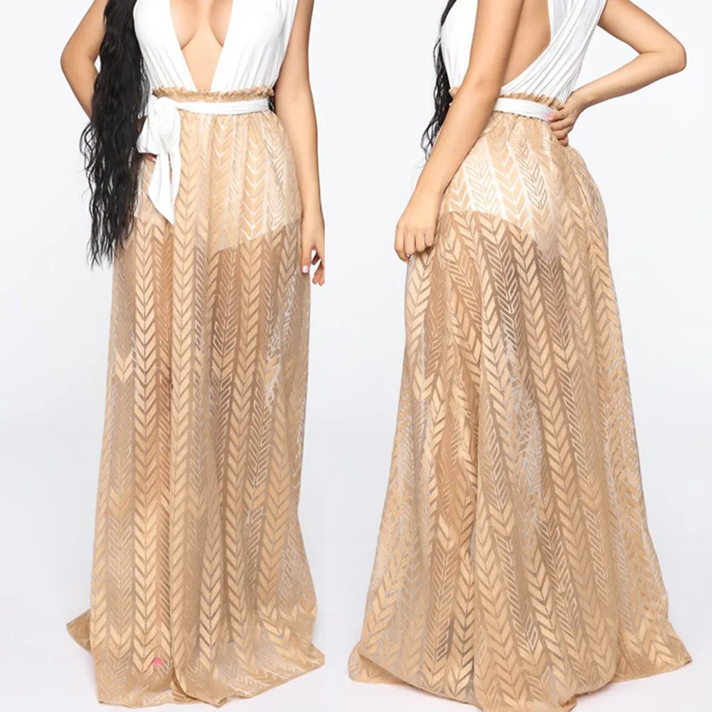 Женская шифоновая юбка в складку белая Повседневная Длинная с разрезом высокой