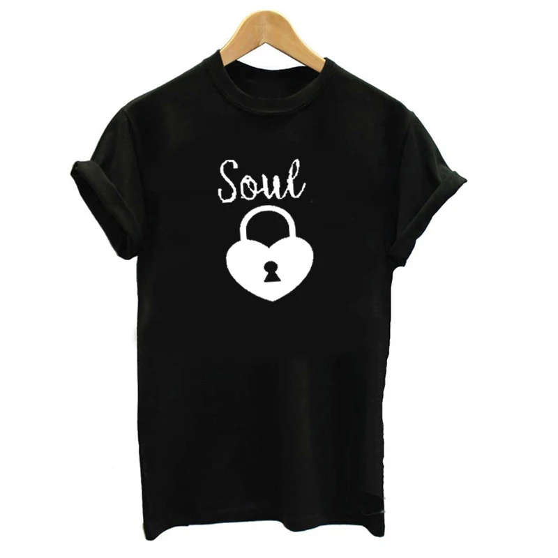 QL185-Wblack Парная футболка для влюбленных, футболка с принтом Soul mate, женская футболка с коротким рукавом и принтом ключей, женская черная брендовая одежда для пар - Цвет: QL185-Wblack