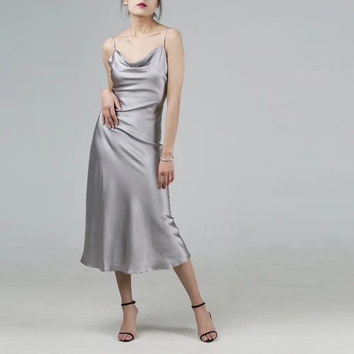 grey wide hem Индивидуальные натуральные шелковые платья с воротником-хомутом, одноцветные Сексуальные вечерние платья из шелка, классическое розовое серое длинное платье из натурального шелка - Цвет: grey wide hem