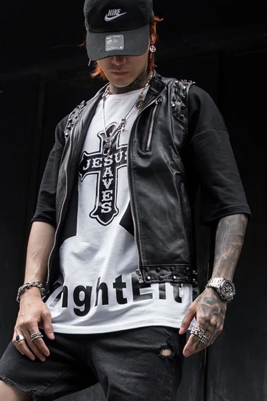 Мужская кожаная жилетка с заклепками в стиле панк хип хоп мотоциклетная