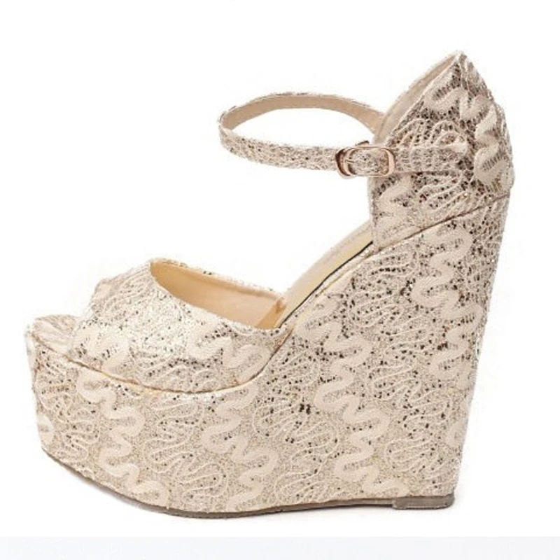 Женские босоножки с открытым носком на танкетке 15 см кружевом высоком каблуке