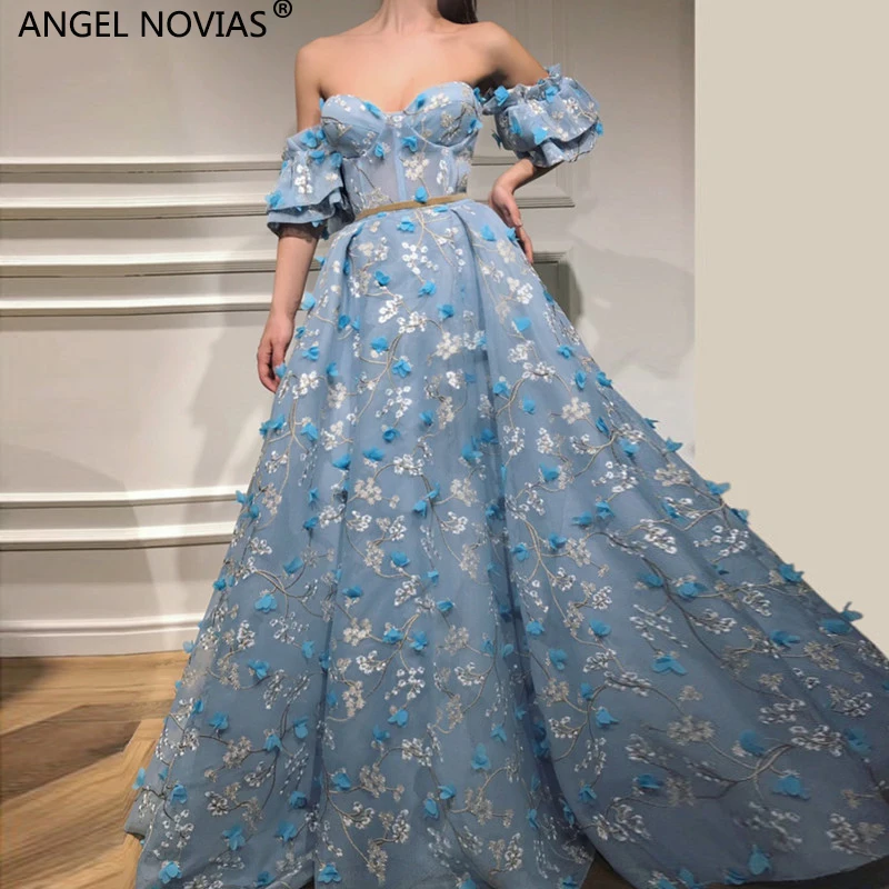 

ANGEL NOVIAS Long Ball Gown Evening Dresses 2021 Lace Abendkleider Lebanon Saudi Arabic Blue Women with Sleeves Avondjurken