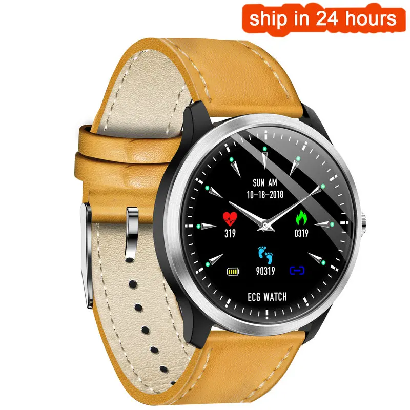 yellow leather Greentiger N58 ЭКГ PPG Смарт часы монитор сердечного ритма кровяное давление smartwatch ЭКГ дисплей сна фитнес трекер Android IOS - Цвет: yellow leather