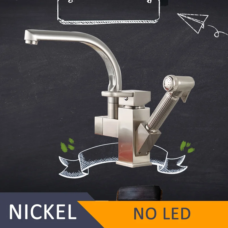 Nickel No LED Смеситель для кухни светодиодный кран для раковины латунный Матовый никель Torneira кран для кухни смесители для горячей холодной бортике смеситель для ванной - Цвет: Nickel No LED