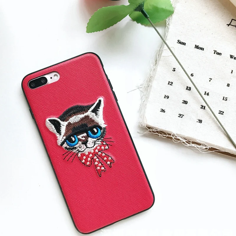 free shipping New 3D Embroidery Cute Cat Animal Pattern Case for iPhone 7 Plus TPU+PC Back Cover |
