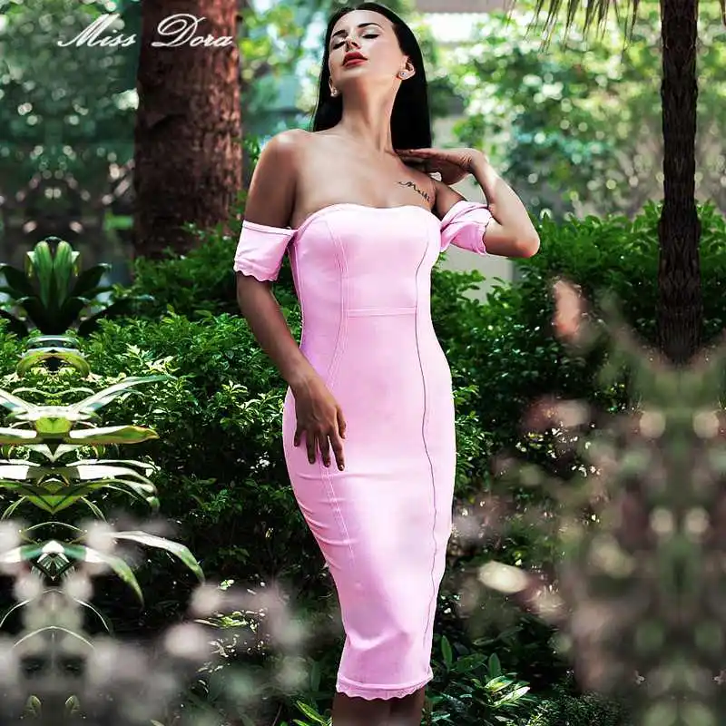 2016 новое поступление! С плеча без бретелек Розовый до середины икры Горячая