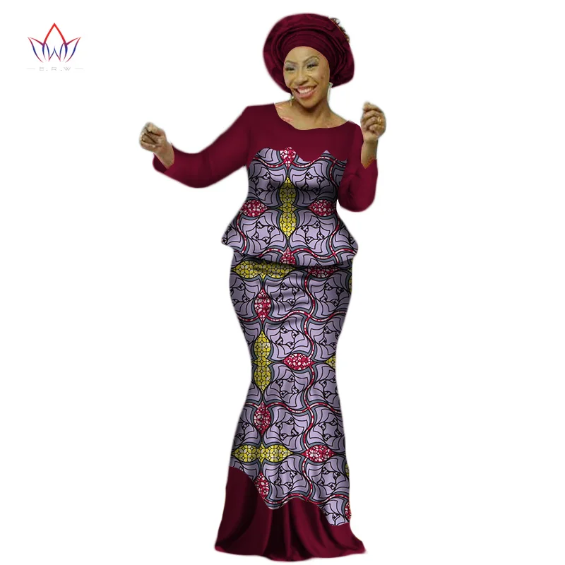 Africa Style Bazin Riche Dresses for Women Two Pieces Set Women Long Sleeve Tops and Long African Print Skirt Plus Size WY2454