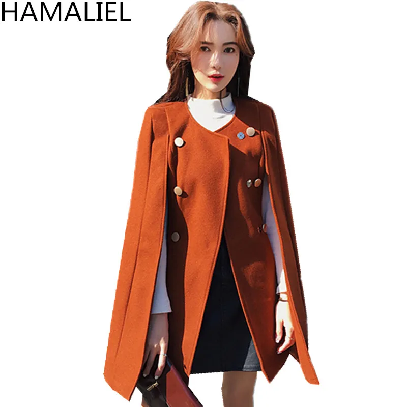 HAMALIEL осень-зима шерстяное двубортный плащ верхняя одежда взлетно-посадочной полосы Для женщин твид с рукавами «летучая мышь» пончо накидка теплая шерсть пальто - Цвет: Оранжевый