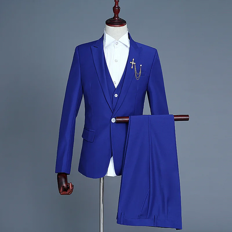 Blue 3 Деловые костюмы для мужчин, длинный рукав, платье для мужчин, s, Повседневный, выпускной, однотонный костюм, приталенный, розовый, дизайнерская одежда, комплект из трех предметов, пальто, брюки - Цвет: Blue 3