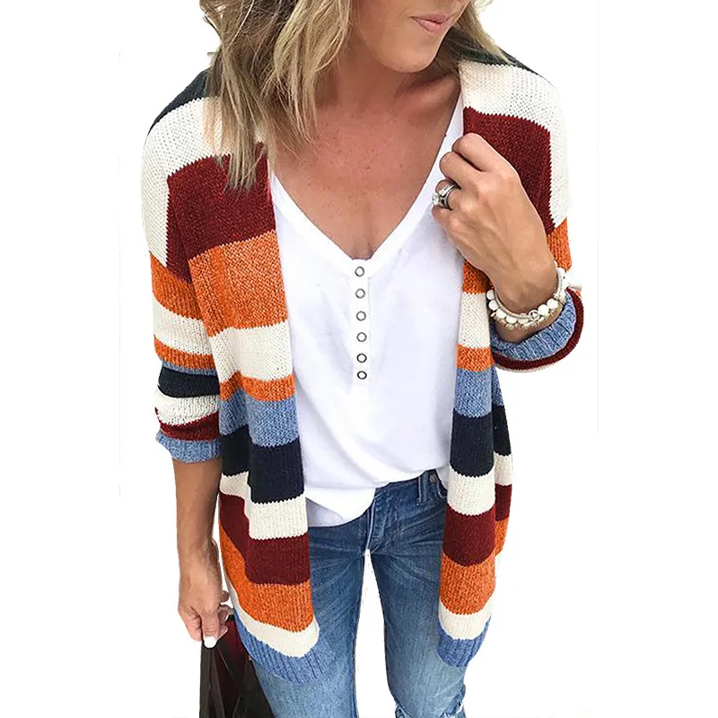 Colour Rainbow Striped Knitted Cardigan Women For Autumn 2020 Winter Long Sleeve Tops Designer Sweater |