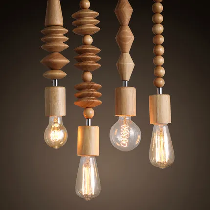 Vintage pendant light oak wood lamp 
