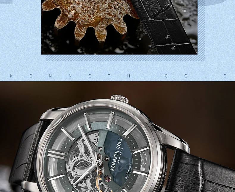 Kenneth Cole мужские часы, автоматические механические Серебристые черные кожаные часы с ремешком и пряжкой, роскошные брендовые водонепроницаемые часы KC15116001