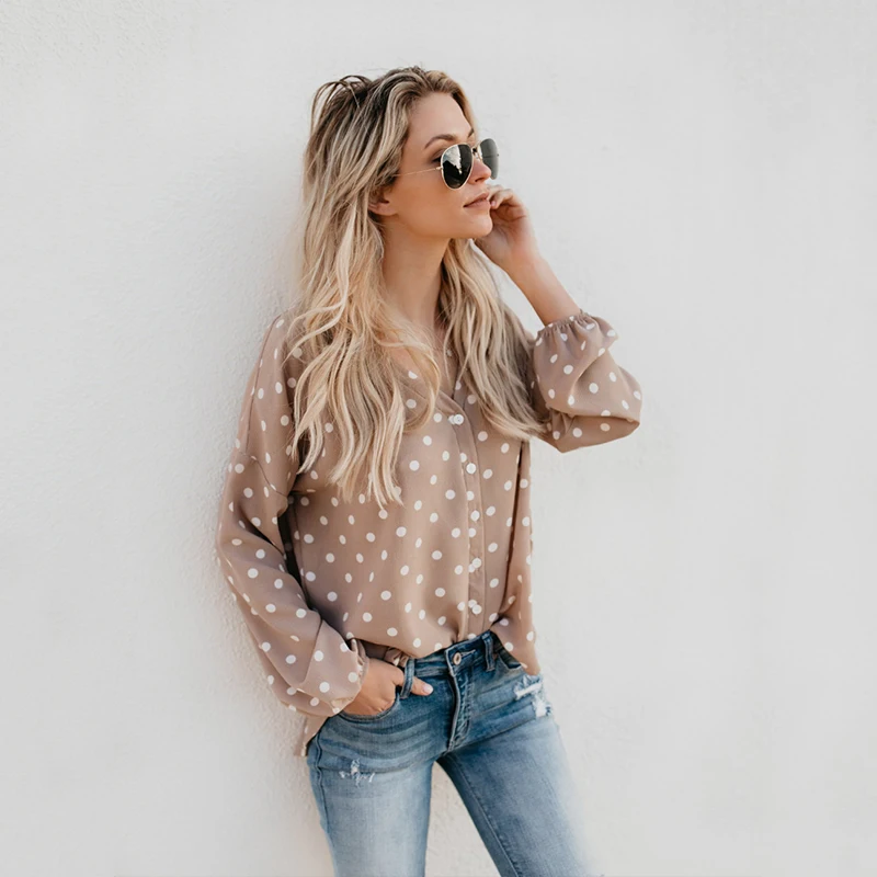 2019 New Women's Shirt T-shirt Printing Dot Long Elegant Women High Street Sleeve V-neck Fashion T-shirts Summer | Женская одежда