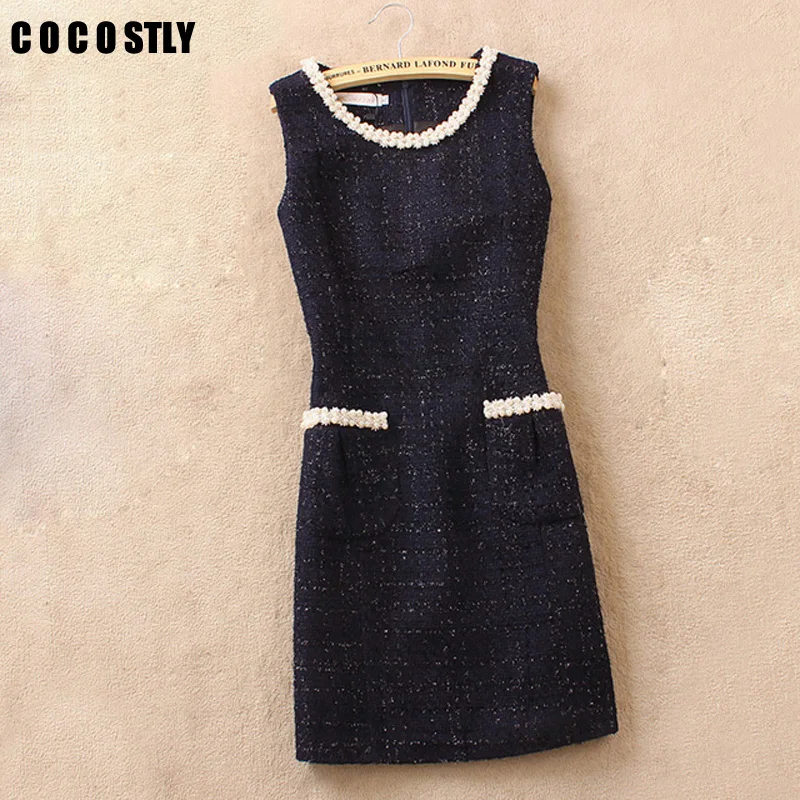 COCOSTLY Брендовое зимнее платье из твида Женские полушерстяные без рукавов