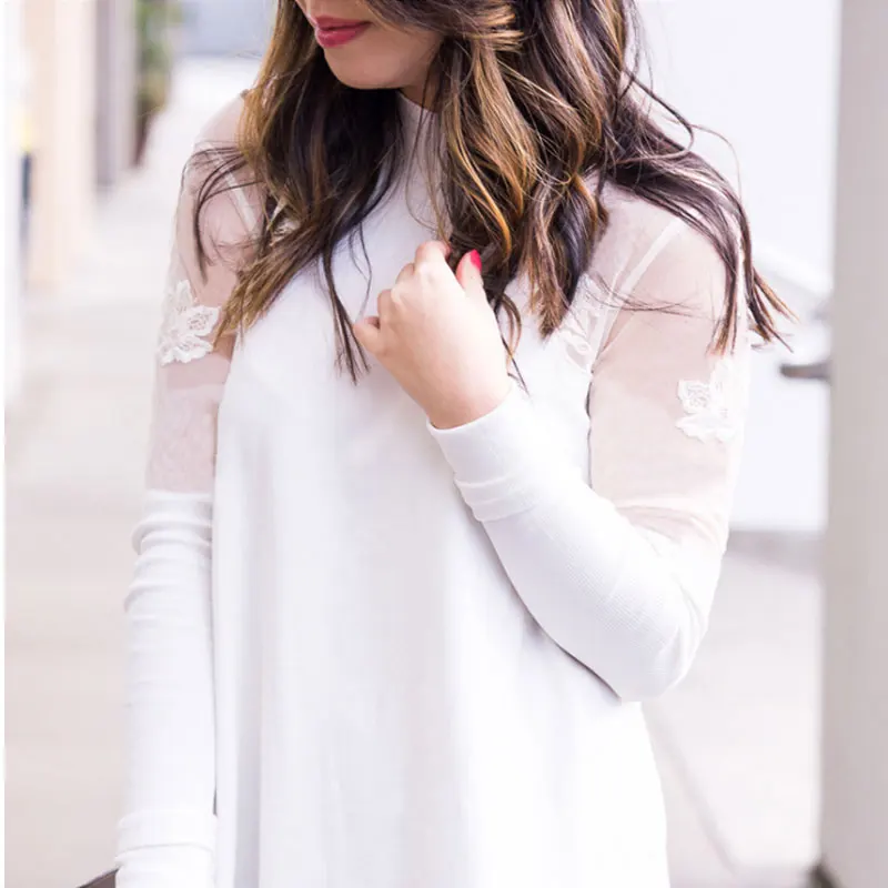 Сексуальная женская футболка однотонная Кружевная с цветочной вышивкой