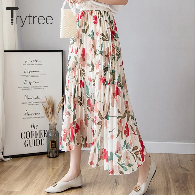 Trytree лето осень плиссированная юбка женская с цветочным принтом полиэстер до
