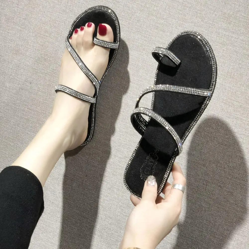 Clip toe slippers crystal summer shoes woman flats narrow band slides brief casual anti-skid beach flipflops femme zapatos mujer | Обувь