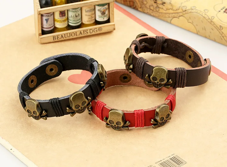 Модный кожаный браслет с черепом панк-рок готического стиля для женщин и мужчин.
