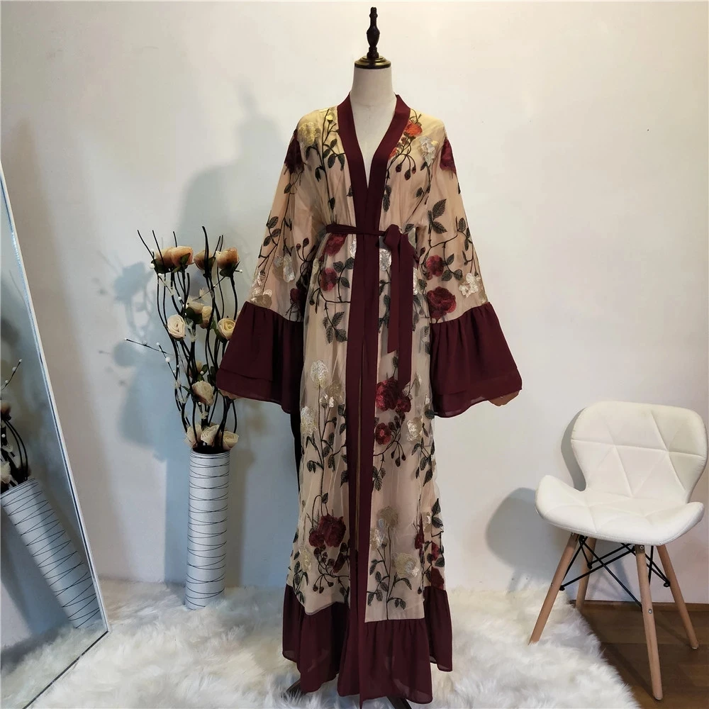 Женский кардиган с цветочным принтом Abaya мусульманское платье макси оборками и
