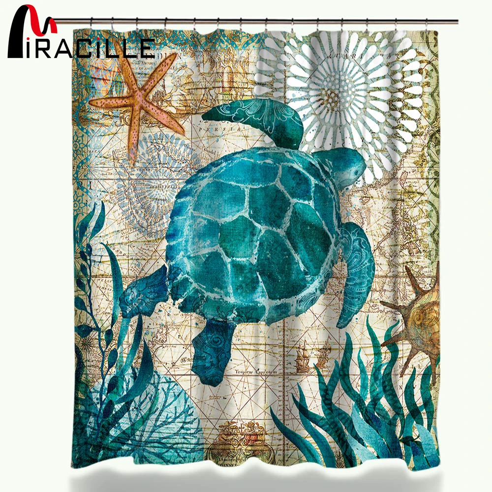 

Miracille Turtle Shower Curtain Waterproof Bath Curtains with 12 Hooks Polyester Fabric Curtain For Bathroom Marine Style