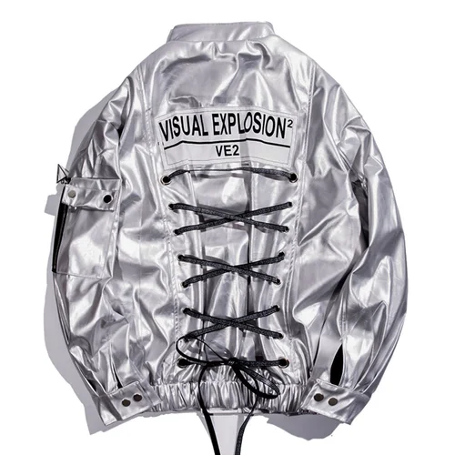 Silver Black PU Leather Jacket Men's Hip Hop Fashion Oversized Leather Jacket Coat Male Women Multi-pockets Lace Up Jackets - Цвет: Серебристый