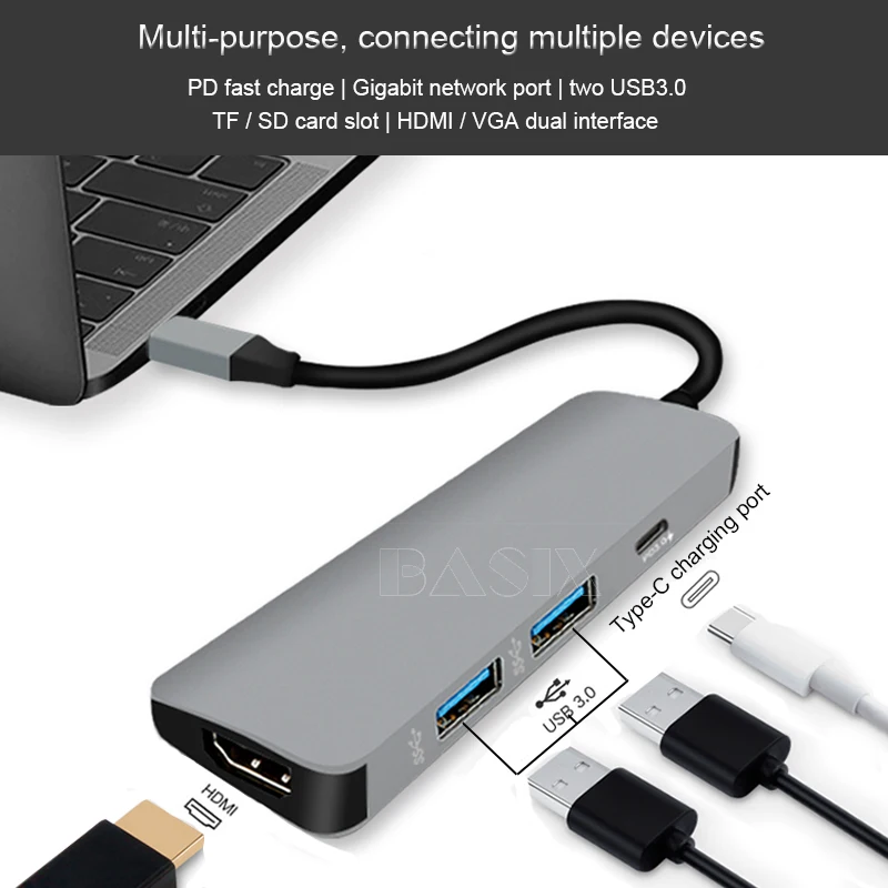 Basix USB C концентратор USB-C-HDMI 4K концентратор USB 3,0 адаптер PD/порт зарядки Micro USB для MacBook Pro samsung Galaxy S8 type C концентратор