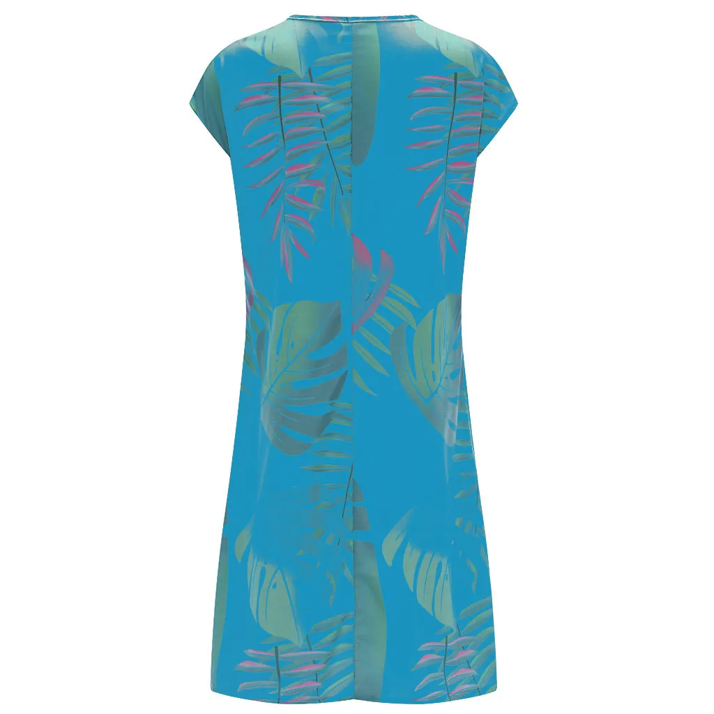 FREE OSTRICH Dress Women Leaf Pattern Pocket Large Size Short Sleeve Knee-Length Current Elegant Graceful Short Dress Summer