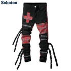 Мужские зауженные джинсы Sokotoo с нашитыми крестами в шотландскую клетку модные прямые брюки с ремнями