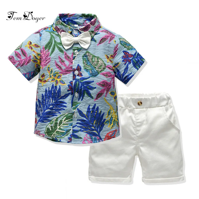

Tem Doger Boy Clothing Sets Summer Kids Boys Clothes Shorts Sleeve Tie Floral Shirt+Shorts 2PCS Outfits Toddler Children Clothes