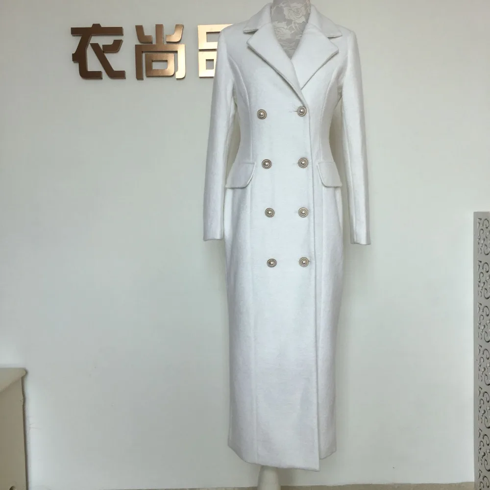 

Winter Retro Woolen Coat Large Lapel Slim Waist White Long Thick pearl double breasted wool blends coat