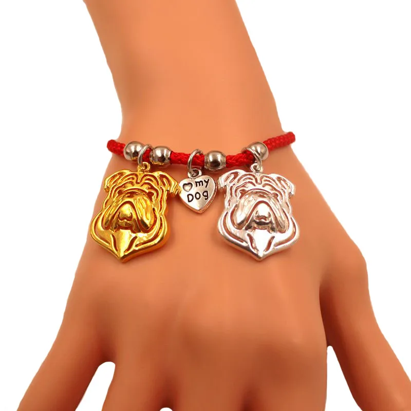 American English French Bulldog Dog Animal Charm Bracelet For Women Men Rope Male Female Pearl Red Heart Black jewelry Gift | Украшения и