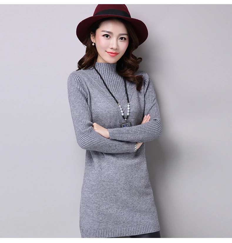 

2019 autumn and winter sweater long section of knitted bottoming shirt sweater thickening round neck long sleeve half high colla