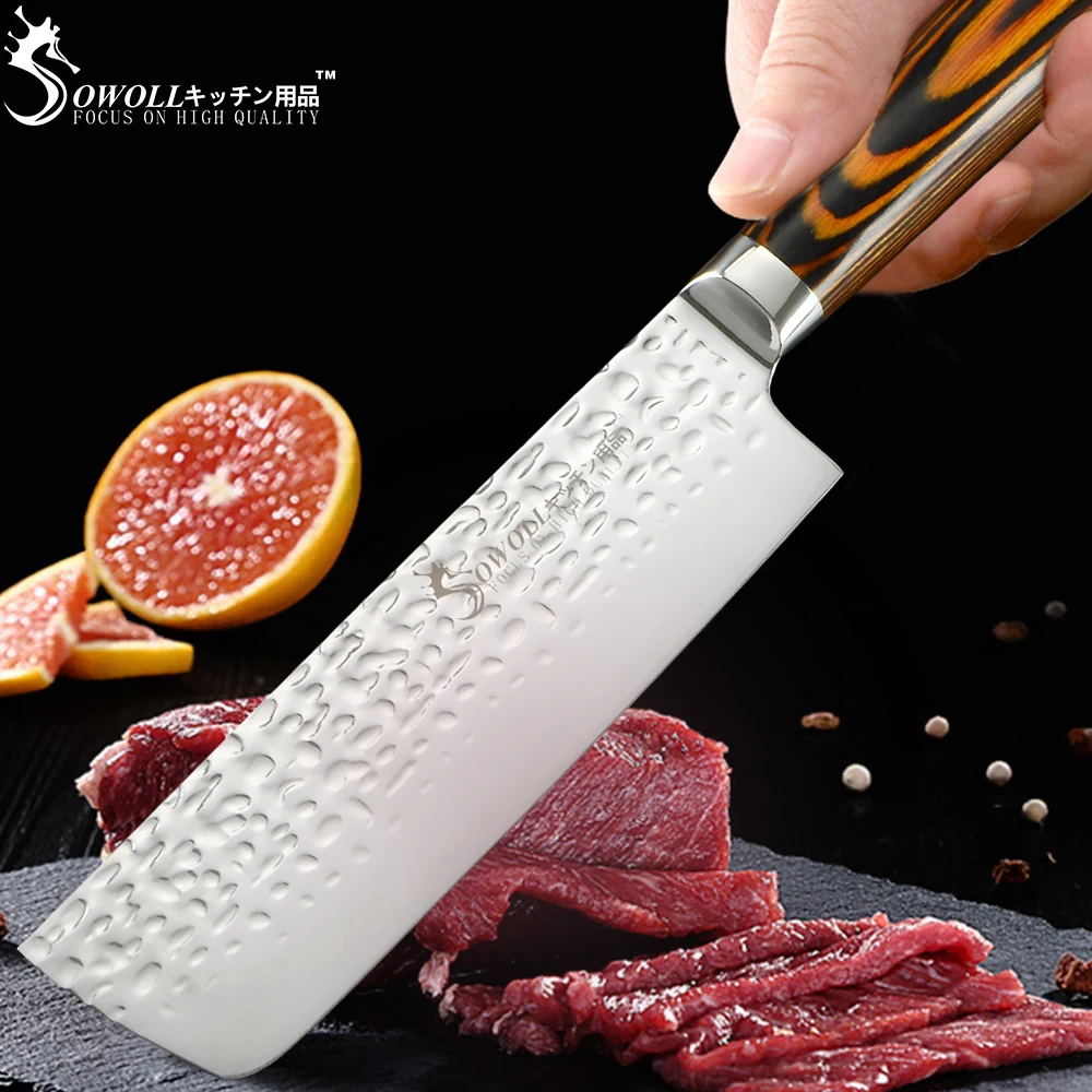 SOWOLL кухонный нож из нержавеющей стали лезвие с узором молотка Nakiri разделочный
