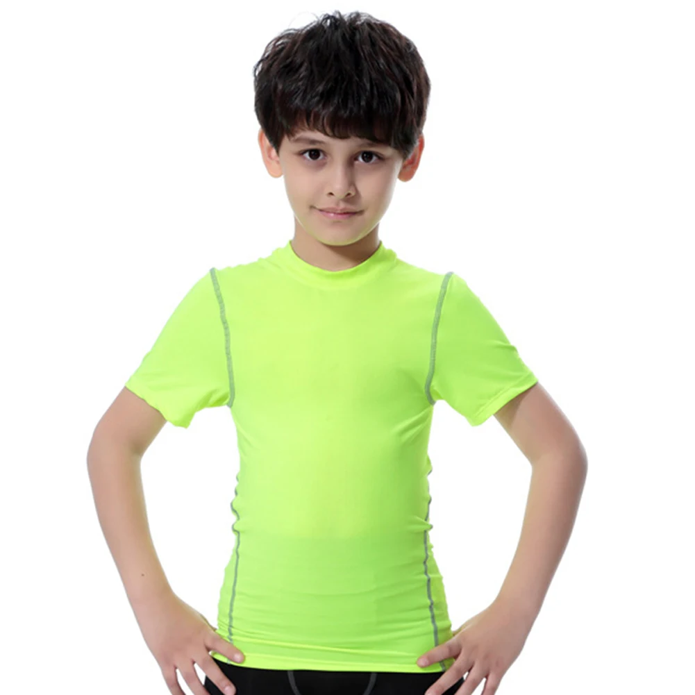 Green Kids Sportswear Elastic Breathable Quick Dry Workout Tops Short Sleeves for Boys Girls KH889 - Color: Green