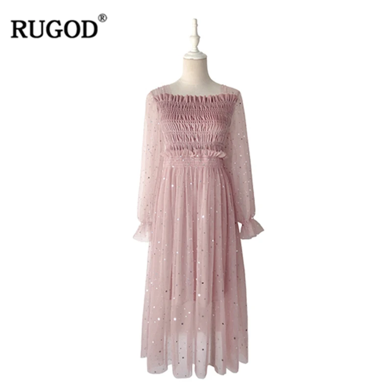 RUGOD/весеннее офисное женское платье модное Сетчатое с оборками и эластичной
