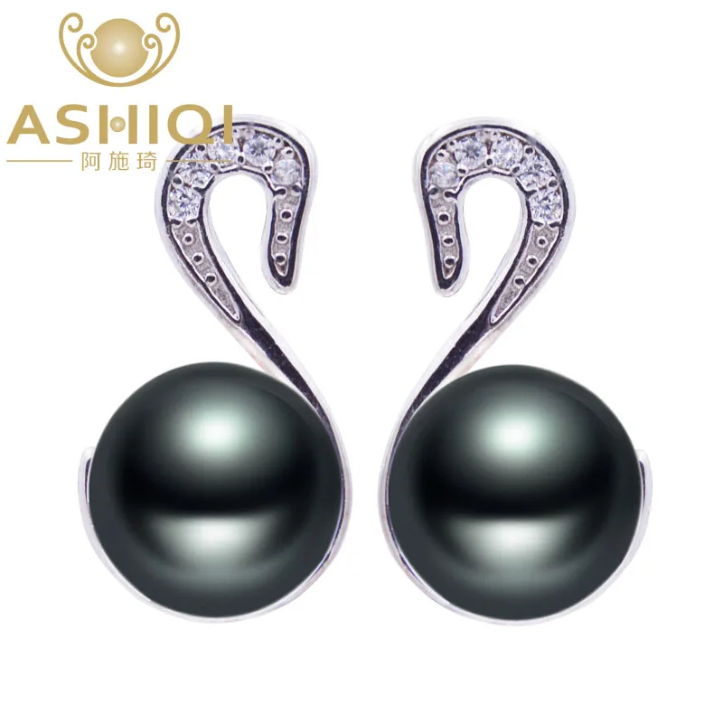 ASHIQI 925 Sterling Silver Black Swan Frewshwater Pearl Earrings White 7.5-8mm Natural Jewelry for women | Украшения и аксессуары