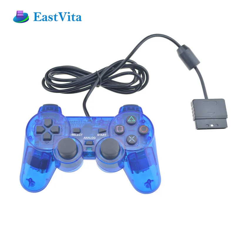 Синий BEESCLOVER, прозрачный цветной проводной контроллер для sony PS2, геймпад, двойная вибрация, прозрачный контроллер для Playstation 2 r25 - Цвет: Синий