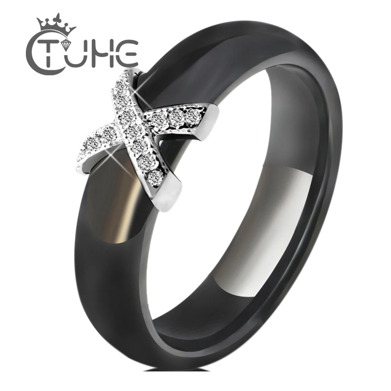 Black White Ceramic Women' s Ring With AAA Crystal 6mm Rings For Women Men Plus Big Size 10 11 12 Fashion Jewelry Trendy 2021