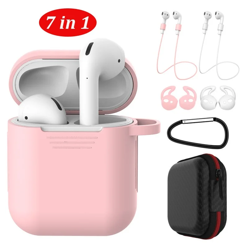 Розовый 7 в 1 защитный силиконовый чехол для Apple Airpods 2 Чехол для зарядки с брелоком/ушками-крючками/штапами/коробкой для переноски - Цвет: Розовый