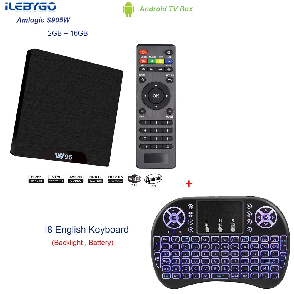 2GB 16GB I8 Ilebygo W95 Android 7,1 ТВ приставка Amlogic S905W четырехъядерный 2 Гб 16B телеприставка 2,4G Wifi HD2.0 3D H.265 4K медиаплеер PK X96 mini - Цвет: 2GB 16GB I8