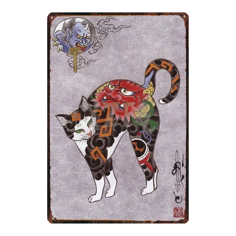 

Japanese Samurai Cat Tattoo Cat Pet Sign Metal Animal Tin Sign Vintage Plates For Wall Art Retro Home Decor 30X20CM DU-2453A