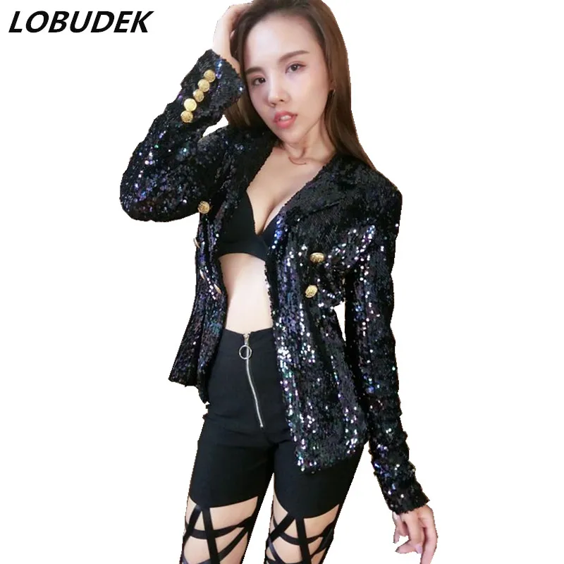 

Sparkly Black Sequins Jacket Women Costume Reflective Sequined Slim Coat Host Nightclub Stage Wear Singer DJ Jazz Dance Costume