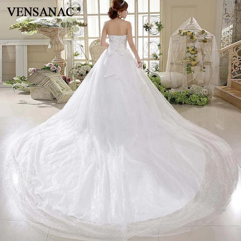 

Женское кружевное бальное платье VENSANAC, со шлейфом и блестками, без бретелек, с бантом, 2018, свадебные платья с глубоким вырезом на спине