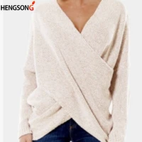 loose casual pullover knitting sweaters drop shoulder cross wrap sweater autumn and winter women long sleeve v neck tops